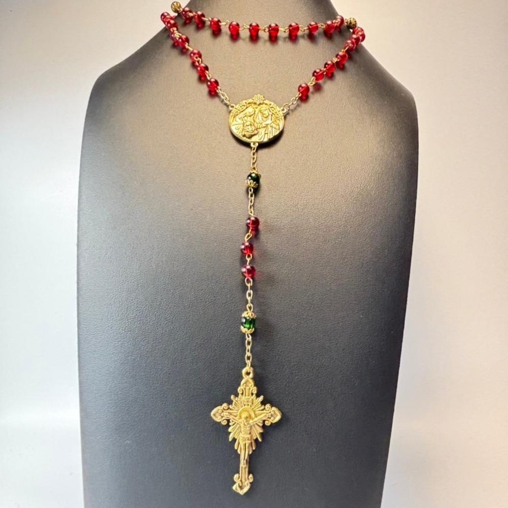 Vintage Rosary Necklace Red Gold Holy Family Goth Boho Chic